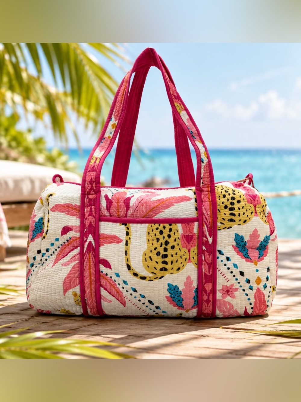 Cotton Quilted Weekender Bag – Pink Tropical Leopard Print Duffle Carry-On